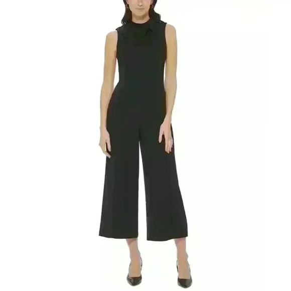 NEW! Calvin Klein Women's Bow-Embellished Mock Neck Cropped Wide-Leg Jumpsuit - Picture 1 of 3
